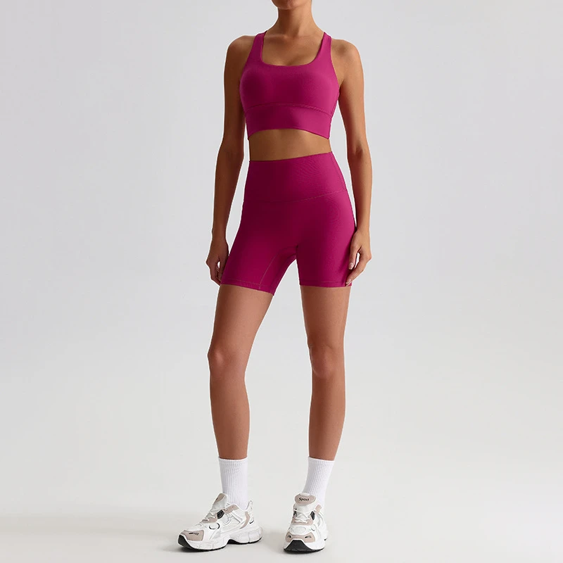 Yoga Shorts Set 2 Pieces Gym Fitness Suit S Women Workout Clothes High Waist Shorts Cross Straps Sports Bra Running Tracksuit