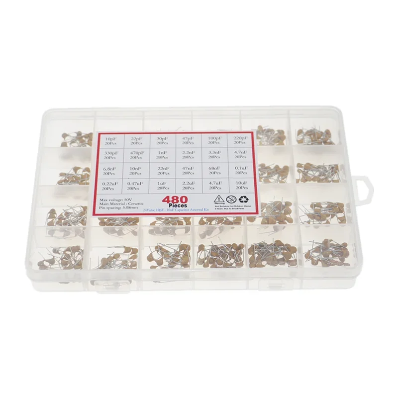 Kit assortito di condensatori ceramici monolitici da 480 pezzi 24 valori 10pF 22pF 47pF 100pF 330pF 470pF 1nF 10nF 22nF 47nF 1uF 2.2uF 4.7uF10uF