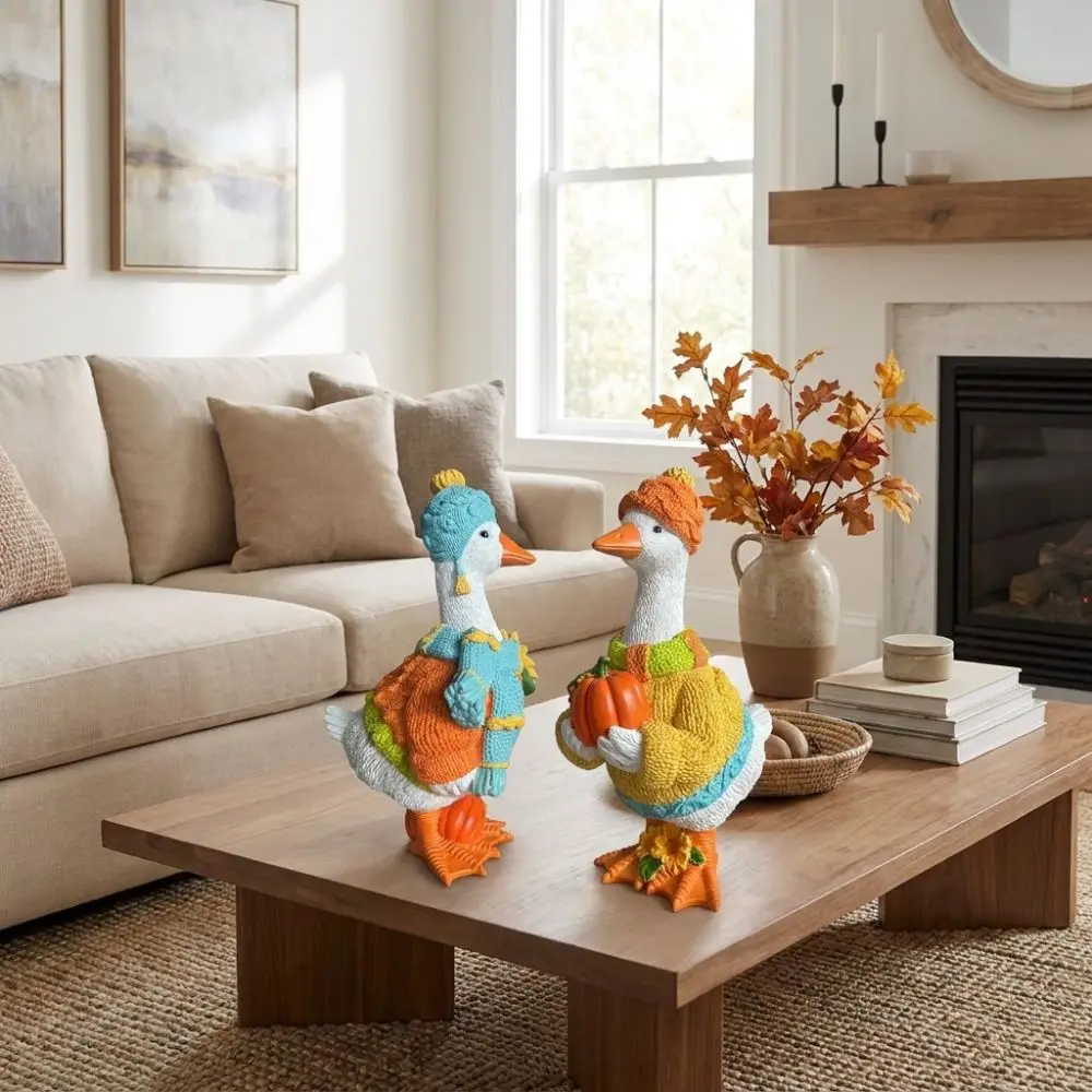 Goose Statue Rustic Style Autumn Pumpkin Duck Ornament Harvest Theme Colorful Resin Duck Statue Unique Lawn Ornament Home