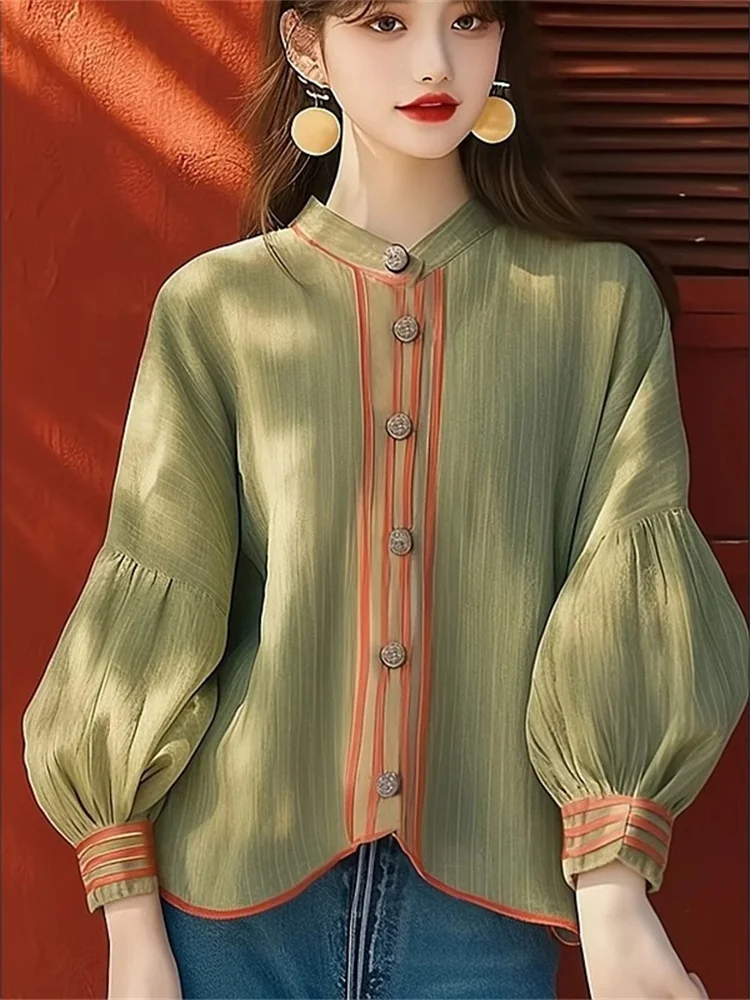 Ele Loose Fit Lantern Sve irt Dames Casual Sle Patchwork Opstaande Kraag Zonbescherming Top Leeftijd Defng Design