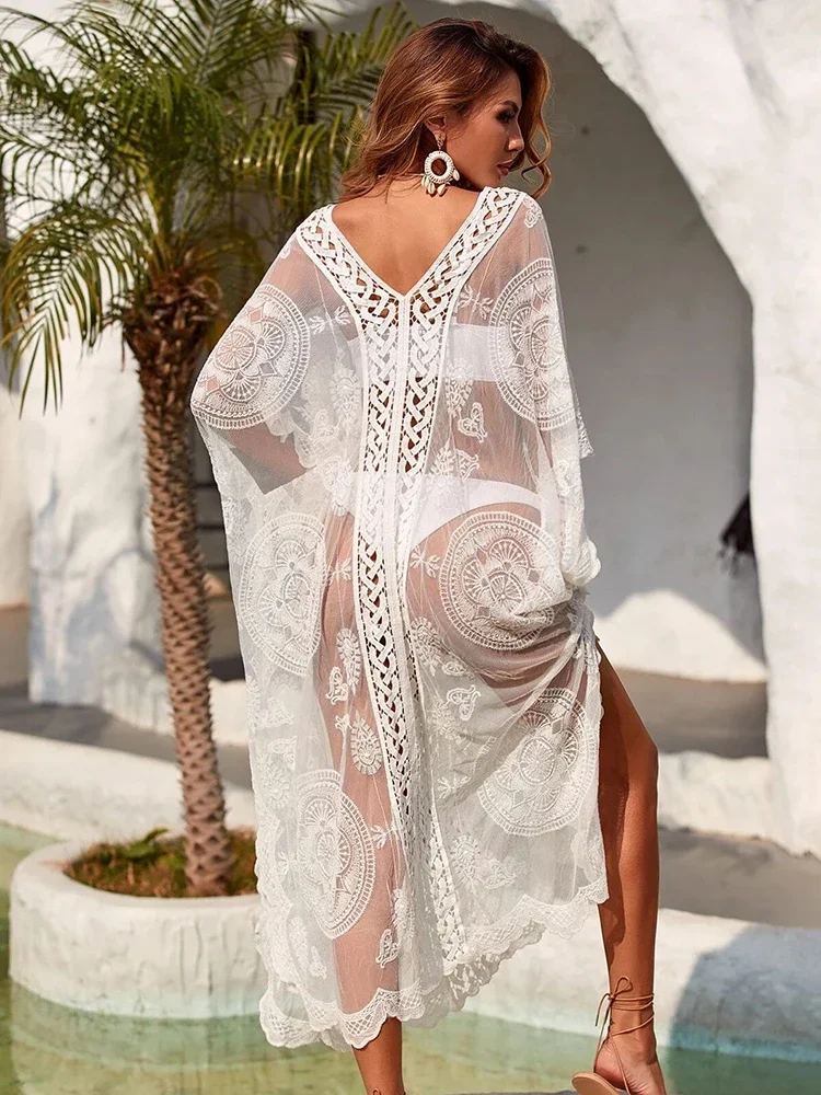 

new See Through Bikini Cover-Ups Women Beach Cover Up V-Neck Embroidery Lace Summer Fashion Female Classic Dresses Beachwear