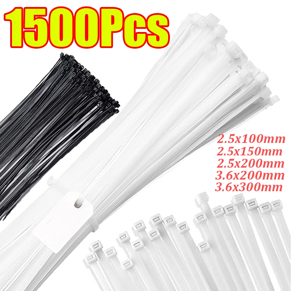 100-1500Pcs Cable Tie Cable Self-locking Plastic Nylon Tie White Black Adjustable Cord Ties Fastening Ring for Home Office
