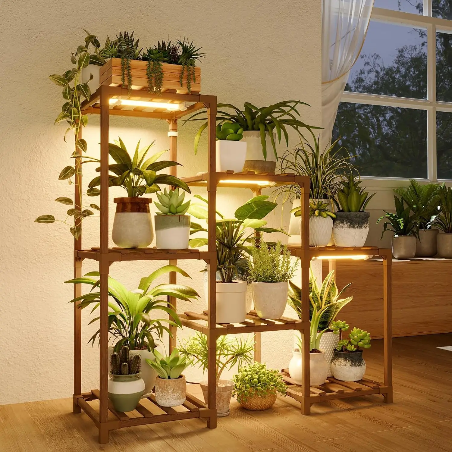 

3-Tier Ladder Plant Stand with Grow Light for Multiple Pots, Boho Home Decor for Living Room Patio Gardening