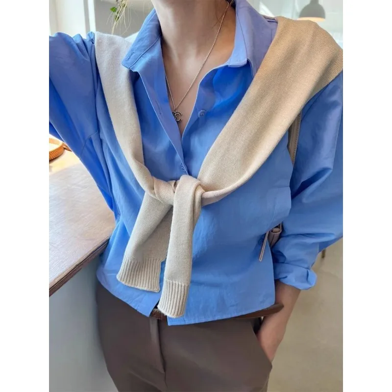 QWEEK Office Vintage White Short Shirts Korean Style Elegant Solid Color Women Blouse Chic Long Sleeve Button Up Clothes Autumn