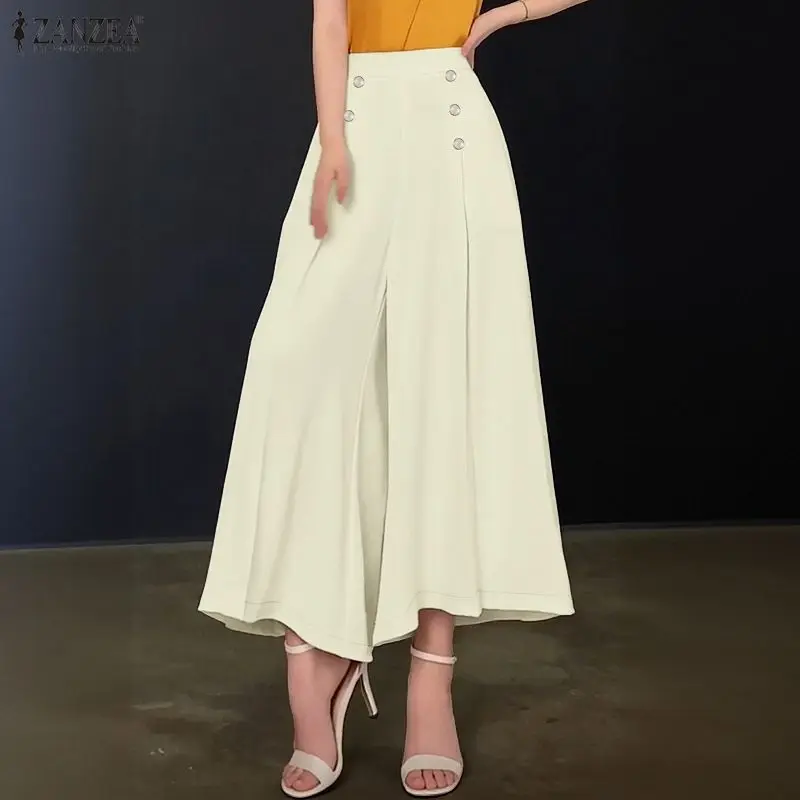 ZANZEA Summer High Waist Baggy Pants Elegant Women OL Work Wide Leg Trousers Solid Loose Pleated Pantalon Palazzo Female Capris