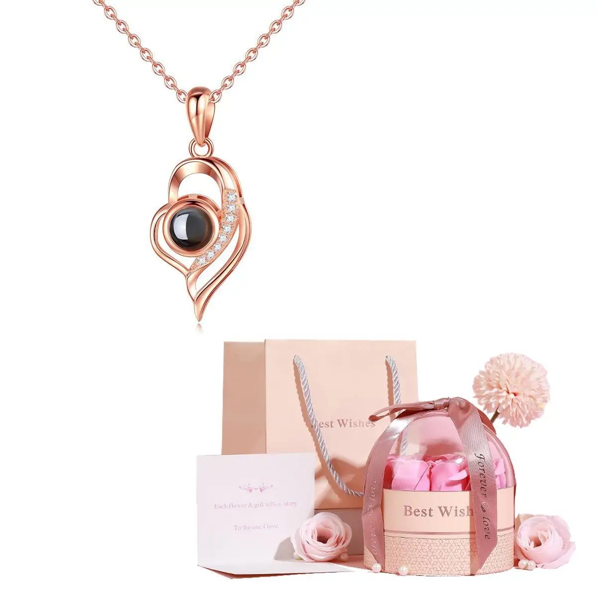 Irregular Heart 100 Languages Projection Pendant Necklaces With Luxury Rose Flower Gift Box New Christmas Gifts Romantic Jewelry