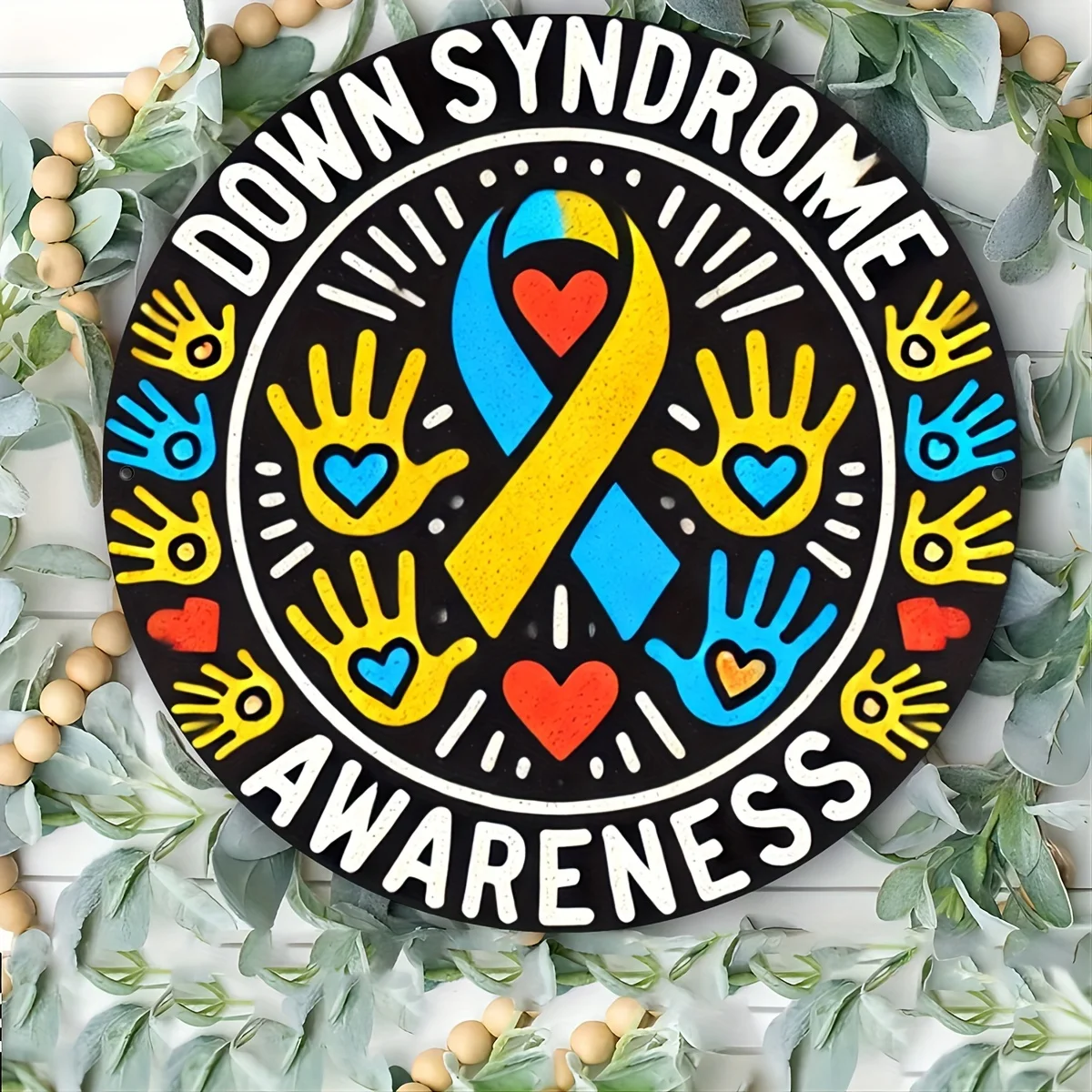 2D Flat - 2D Plane 1pc Down Syndrome Awareness Round Metal Sign - 20.32 cm Wreath Border, Blue And Yellow Ribbon with Handprint