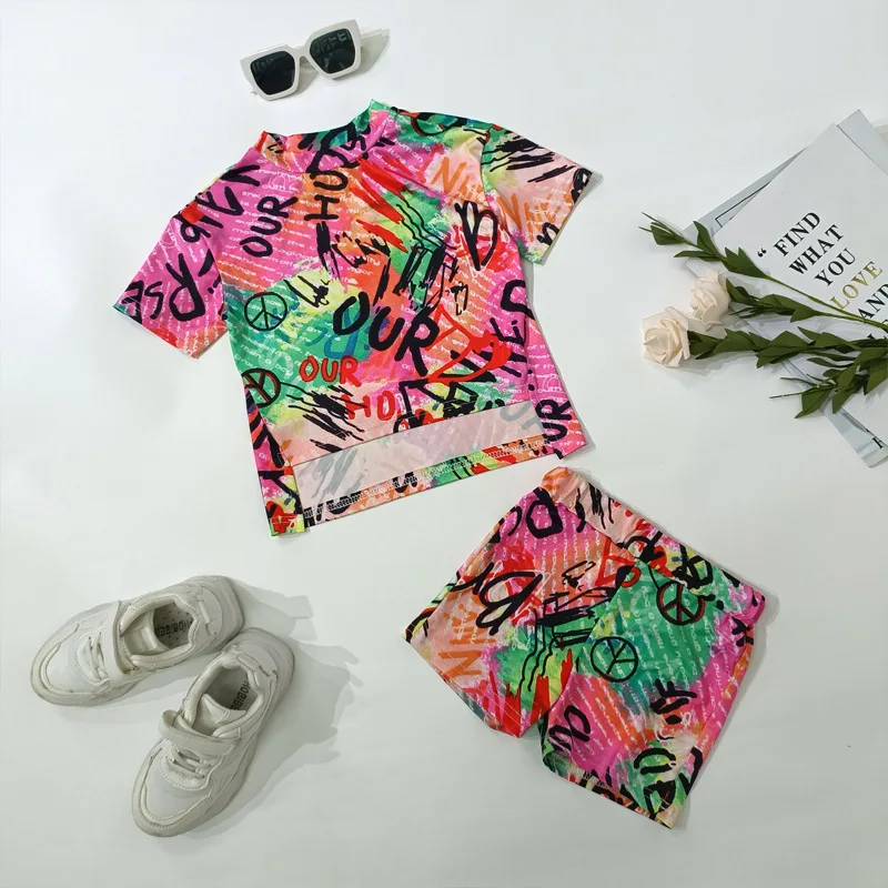 2024Baby Girl Summer Clothing Sets Short Sleeve Tops+Rainbow Color Shorts Kids Casual Clothes Children\'s Girls 2pcs Outfits 8Y