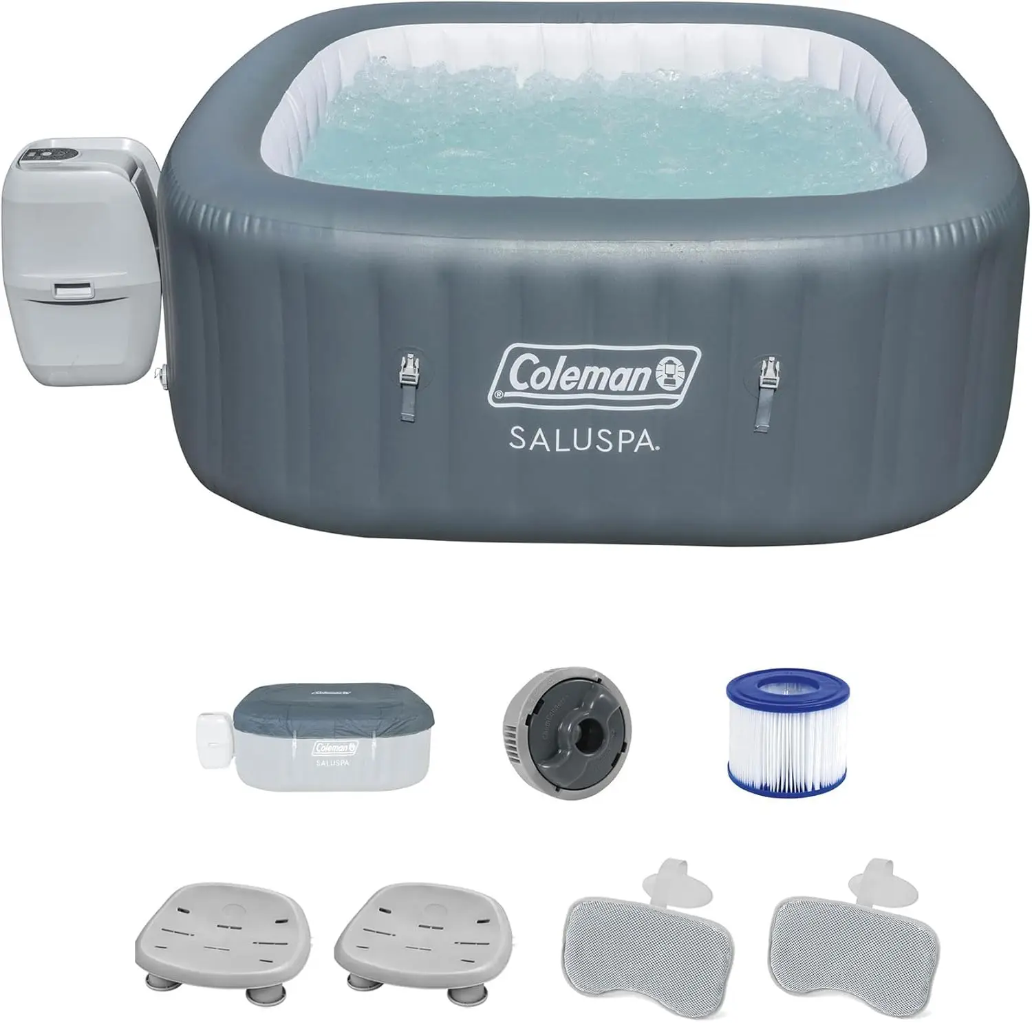 Saluspa 114 Soothing Airjet Square Hot Tub With 2 Pack Of  Saluspa Spa Seat And 2 Sets Of Saluspa Padded Headrest Pillows