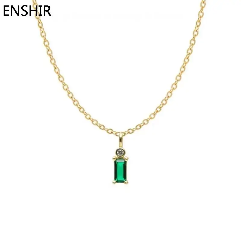 Rectangular Green Zircon Pendant Necklace for Women Korean Style Simple Golden Silver Color Clavicle Chain collar Wholesale