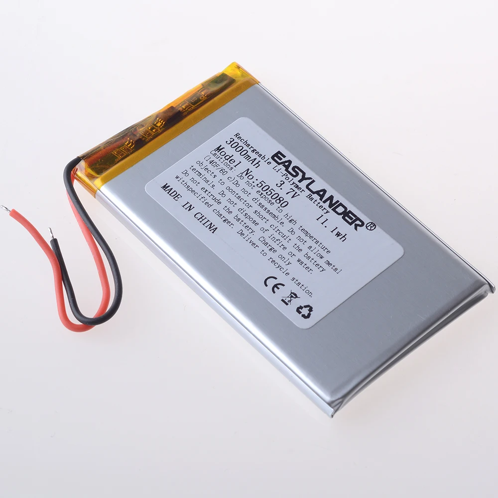 Alambres de silicona 505080   CE+Rohs 3.7V 3000mAh Baterías Lipo de batería de iones de litio recargables de polímero de litio
