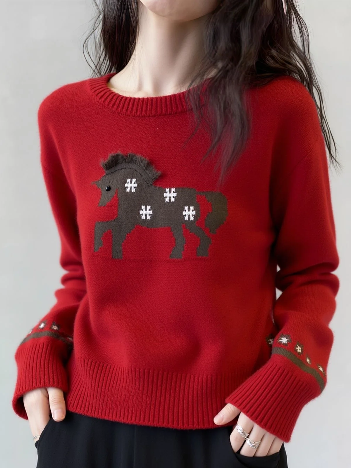 

Red Knitted Sweater Women's Sle Cisas Theme Year Aosphere Feeling Long Sve round Ne Warmth Emitting Top