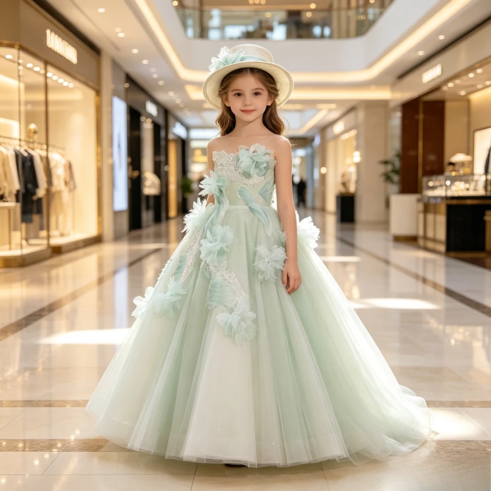 High-End Light Luxury Tulle Puffy Evening Gown For Girls, Unique Forest StylePerformance Dress Party Costume Kids Host & Piano