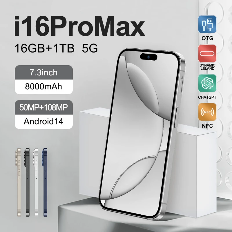 

Original I16 Pro Max 5G Smartphone 7.3 Inch Snapdragon888gen3 22G+2TB Dual SIM 8000mAh Android14 NFC Cellphone