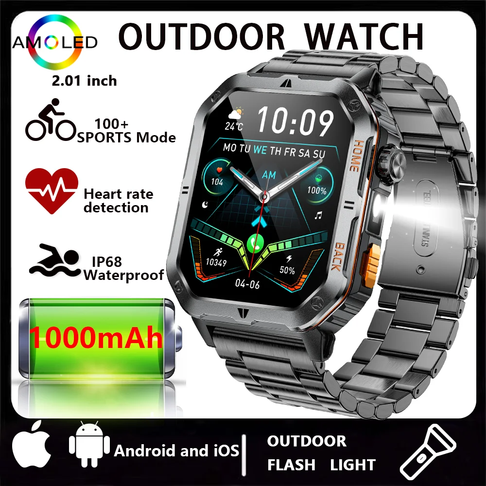 

2025 НОВЫЕ уличные умные часы с аккумулятором 1000 мАч, светодиодный фонарик, 100+ спортивных режимов, мониторинг здоровья, IP68, спортивные водонепроницаемые часы