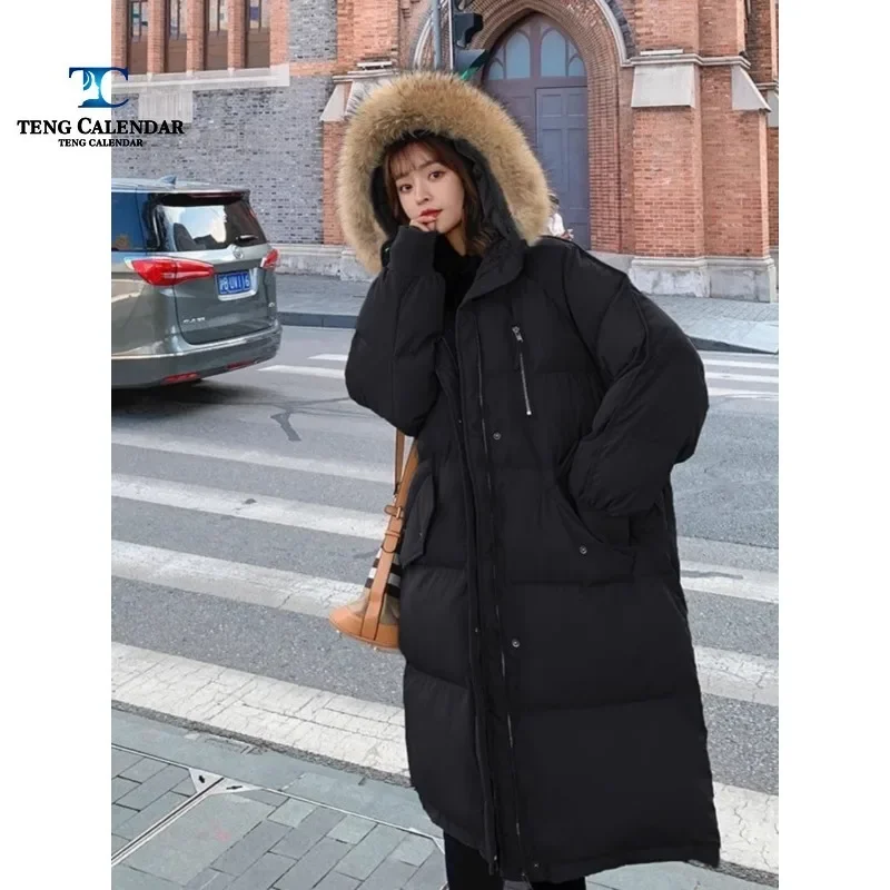 2024 women\'s winter new mid length hooded fur collar extremely cold loose warm down jacket