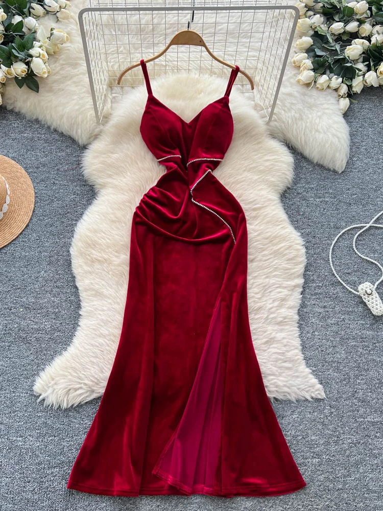 エレガントなベルベットロングドレス レディース ハイウエスト フィッシュテールガウン 重装飾ストラップ スプリットスタイル シティ通勤 韓国風