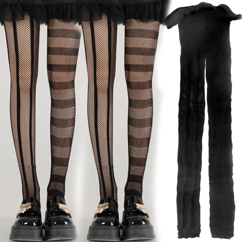 Sexy Asymmetric Stripe Pantyhose Subculture Gothic Summer Hollow Out Fishnet Tights for Women Personalized Black Mesh Stockings