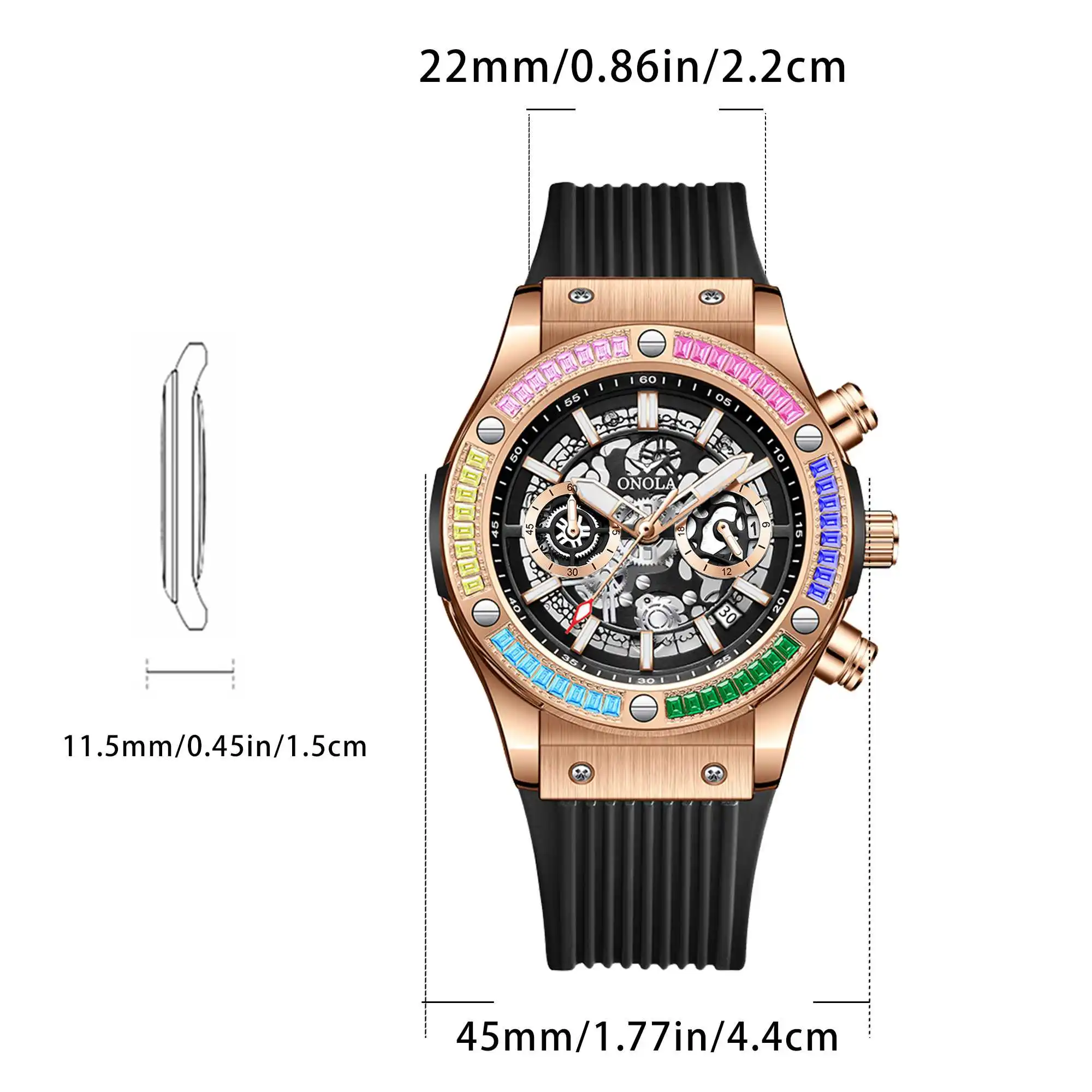 ONOLA timing watch men's round bezel skeleton dial waterproof sports quartz watch