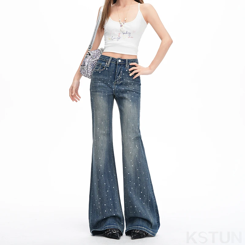 KSTUN 2026 Stretch High-waist Bell-bottom Jeans For Women Elegant Lady Glittering Rhinestone Sequined Female Dragging Pants