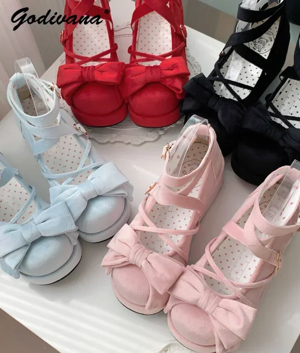 

New Fashion Platform Shoes Lady Girls Big Bowknot Cross Strap Lolita Shoes Japanese Style High Heels Female Muffin Pumps