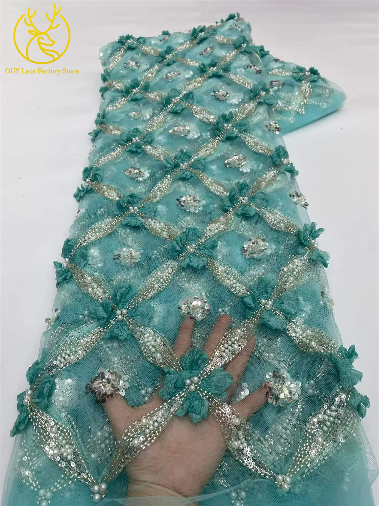 Eleganter, modischer nigerianischer 3D-Tüll-Pailletten-Spitzenstoff, hochwertiger afrikanischer Perlen-Spitzenstoff zum Nähen von Hochzeitskleidern, 5 Yards – Detail 8