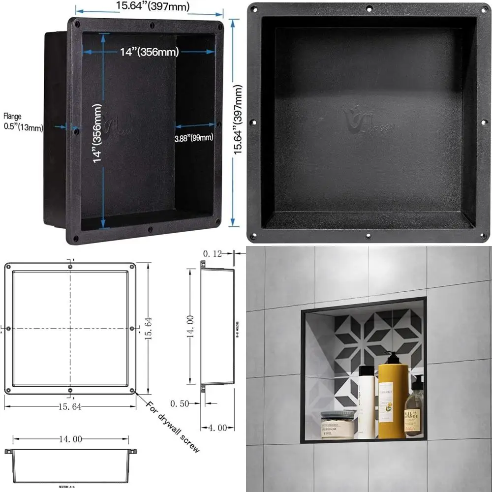 

Ниша для душа, готовая к черной плитке, встраиваемая полка для ванной комнаты 15,65 x 15,65 x 4, водонепроницаемое хранилище для шампуня и туалетных принадлежностей