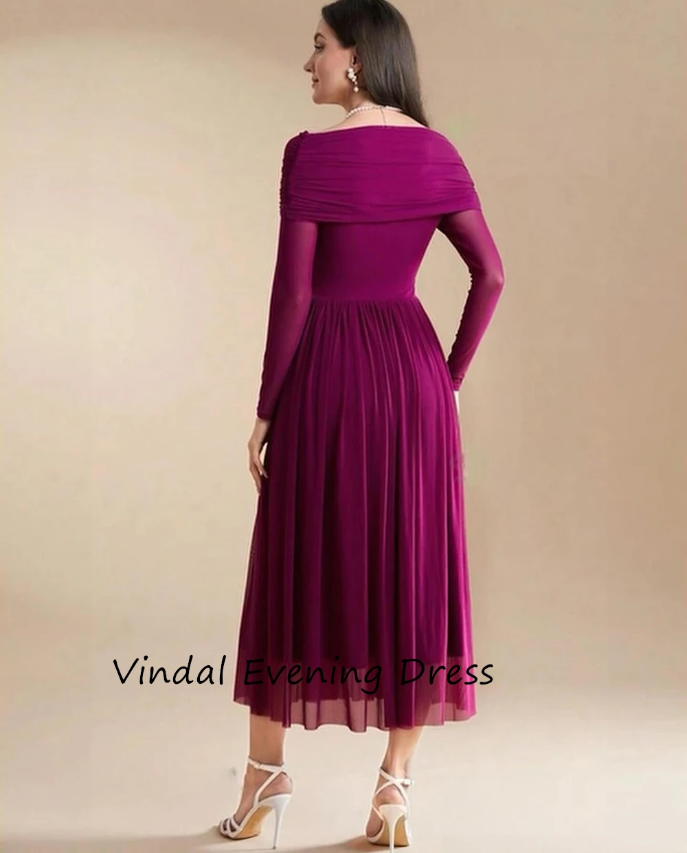 Vindal Chiffon Tea length Off-the-shoulder luxurious Ruffle A-Line Breast Padding Elegant Long Sleeves السعود For Woman 2024