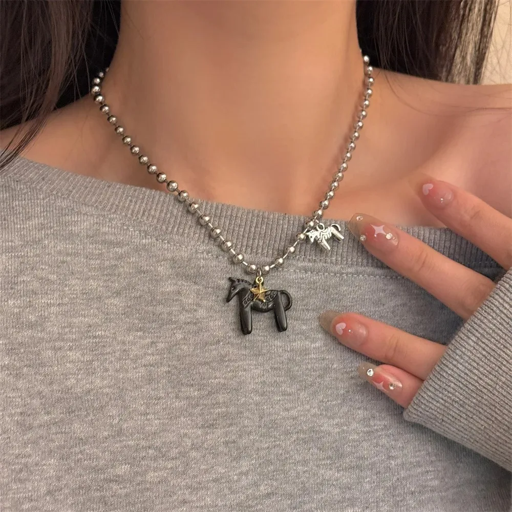 Korean Funny Silver Plated White Black Pink Color Enamel Colt Horse Pendant Necklaces for Women Alloy Beads Chain Chokers