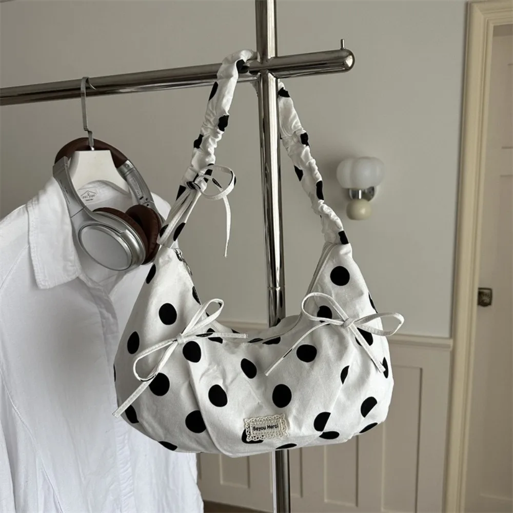 Minimalist Style Polka Dot Pattern Women Underarm Bag Bowknot Decor Solid Strap Shoulder Handbag Ruched Design Tote Bag Dating