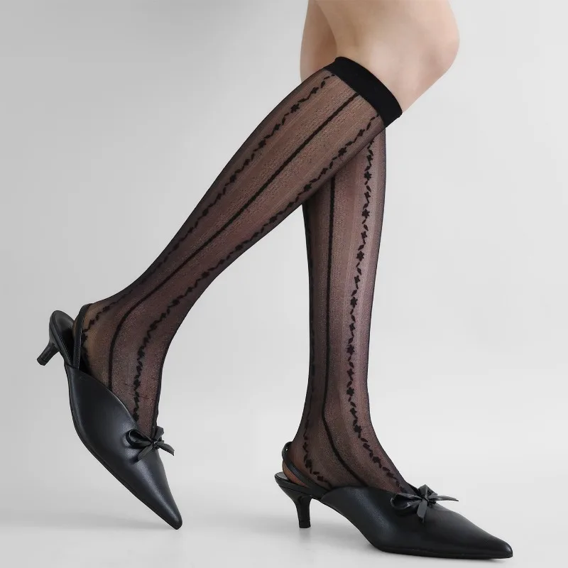 Women Sexy Black Sheer Knee High Socks Korean Fashion Ballet Style Lolita Sock Striped Printed Long Socks JK Thin Silk Stockings