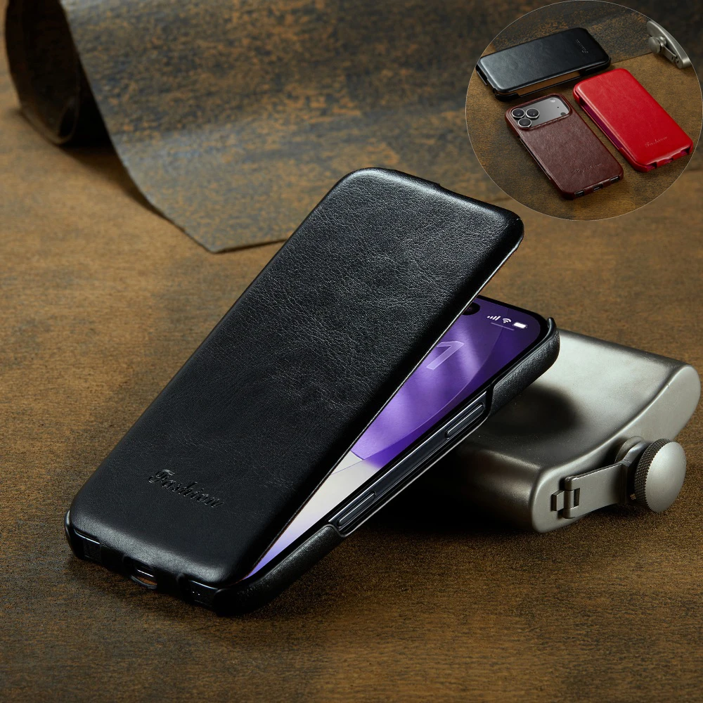

Vertical Solid Color Leather Flip Cover for iPhone 17 Air 16 15 14 Plus 13 12 Mini 11 Pro Max with Hard Protective Case