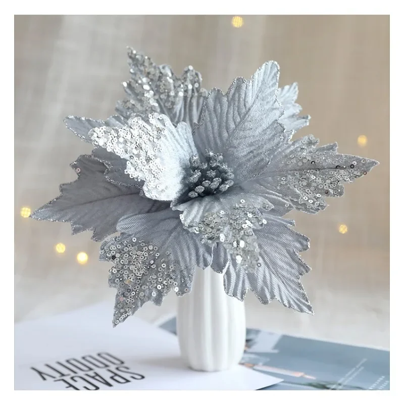 Artificial Glitter Velvet Christmas Flower Decorations Christmas Tree Fake Flowers Christmas Ornaments GlitterChristmasHomeDecor