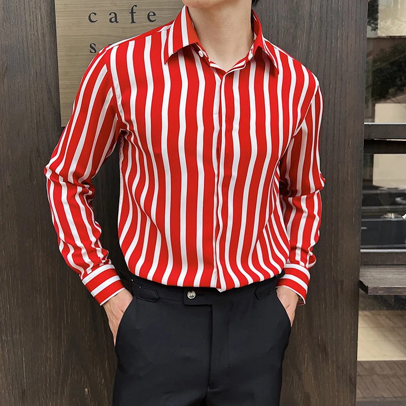 Red Stripe Printed Long Sleeve Shirt Luxury Good Quality Hide Placket Drape Stretch Designe Streetwear Shirt Men's Clothing 2025