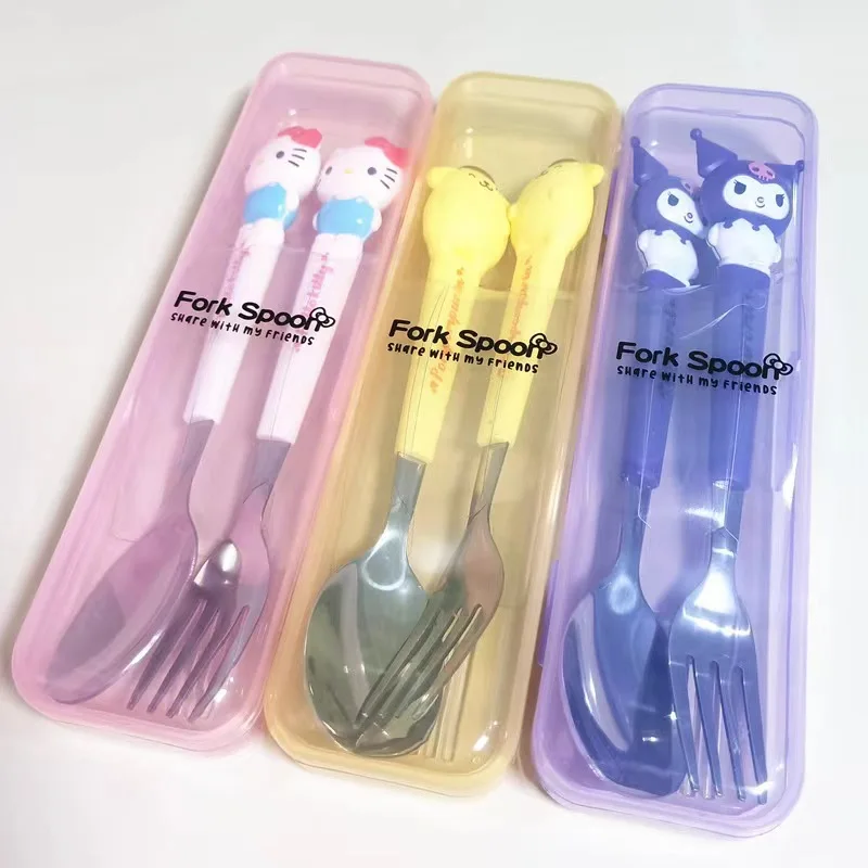 

2Pcs Fork Spoon New Kawaii Sanrio Hellokitty Mymelody Kuromi Cinnamoroll Anime Cute Portable Children Tableware Girls Gifts