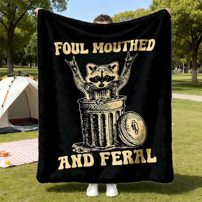 Foul Mouthed Feral Raccoon Flannel Blanket, Sarcastic Trash Panda Clipart Flannel Throw Cozy Blanket