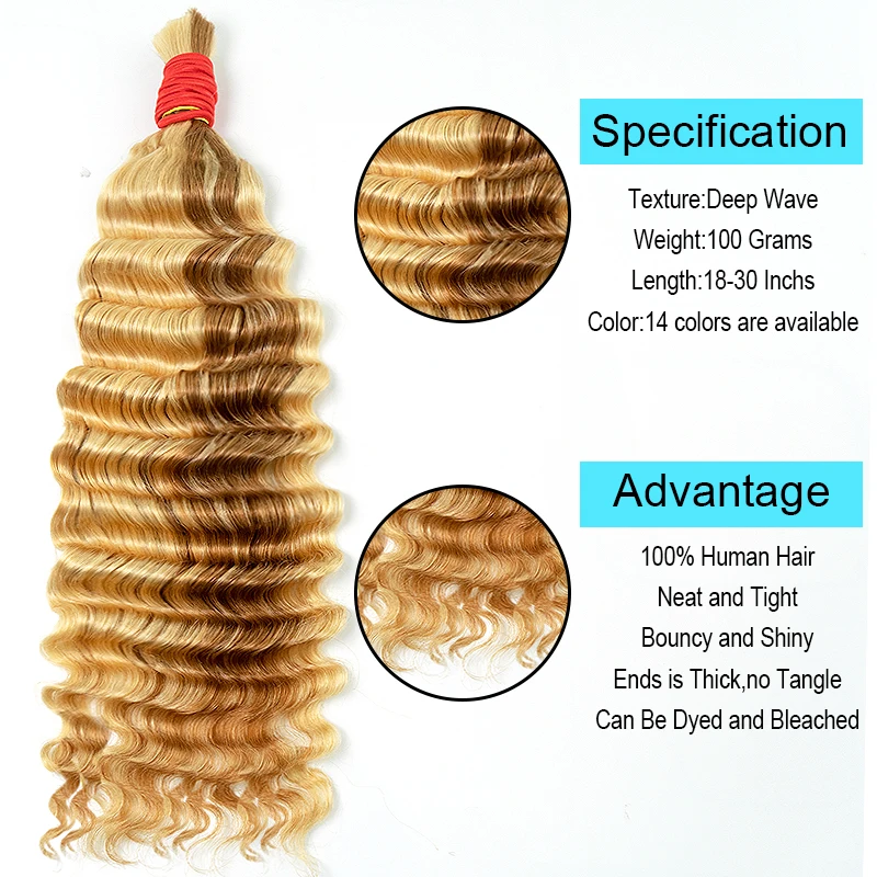 Deep Wave Human Hair Extensions 100% Brazilian Virgin Hair for Braiding,Curling,Suitable for All Women Knotless Braids Hair