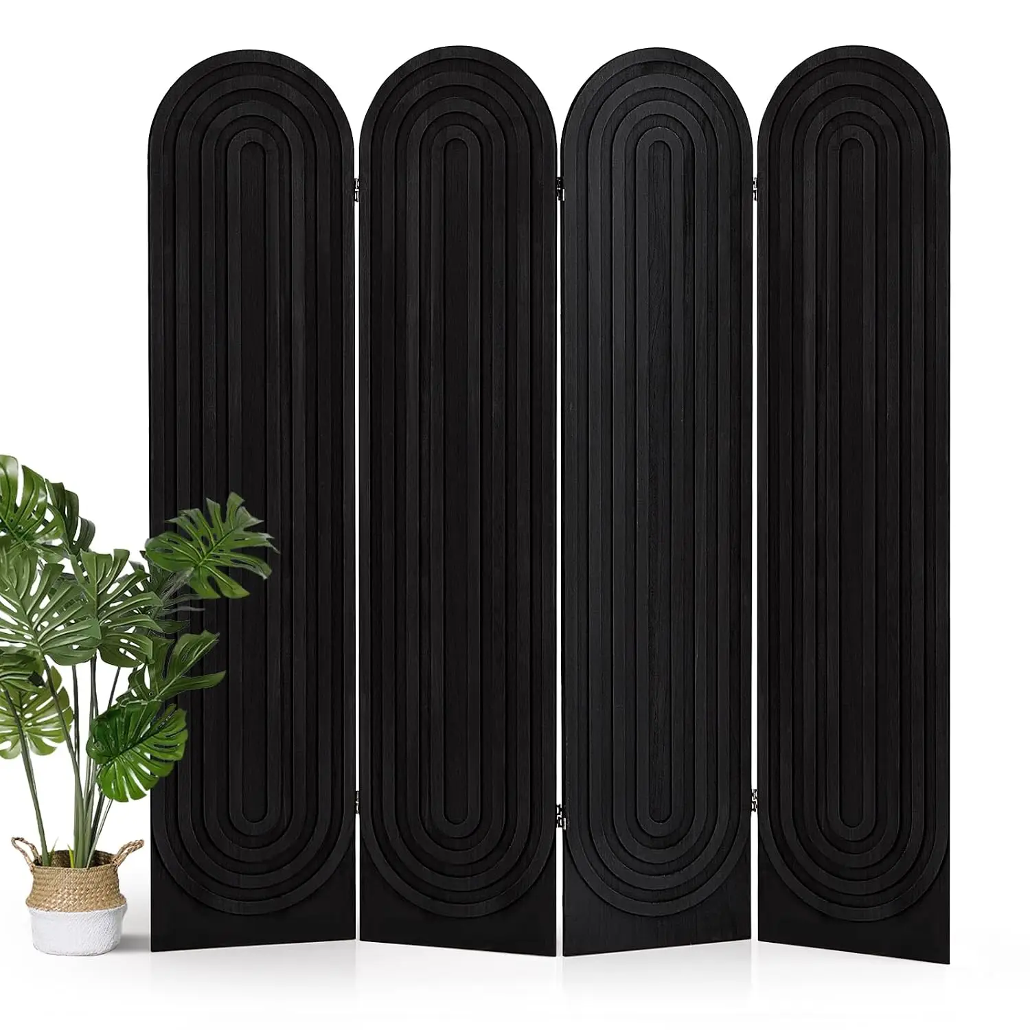 4 Panel Arched Room Divider Screen Folding Privacy Screen, Black