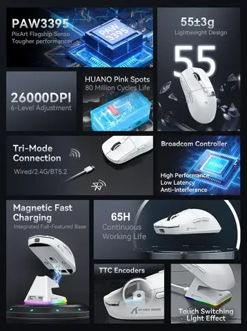 Attack Shark X6 26000DPI PAW3395 the third mock examination mouse 2.4G magnetic charging base with ultra-high endurance