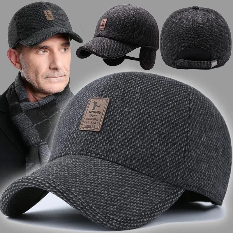 Winter Warm Dad Hat Men\'s Baseball Cap with Earflap Thicken Cotton Snapback Caps Ear Protection Windproof Knitted Hats for Men