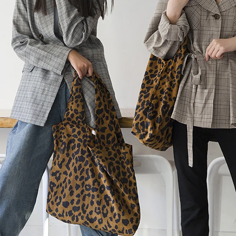 Women Big Canvas Leopard Shopping Bag Reusable High-Capacity Tote Grocery Bag Eco Environmental Shopper Shoulder Bags For Girls