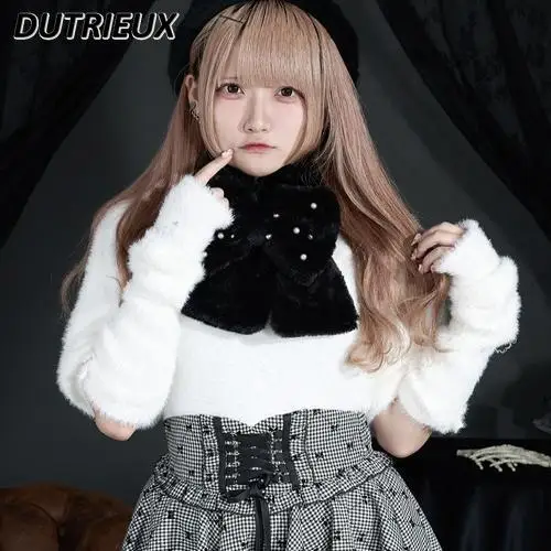 Sweet and Cute Girl Versatile Bow Scarf Japanese Mine Imitation Rabbit Hair Winter Warm Black Scarf Outdoor Accessories