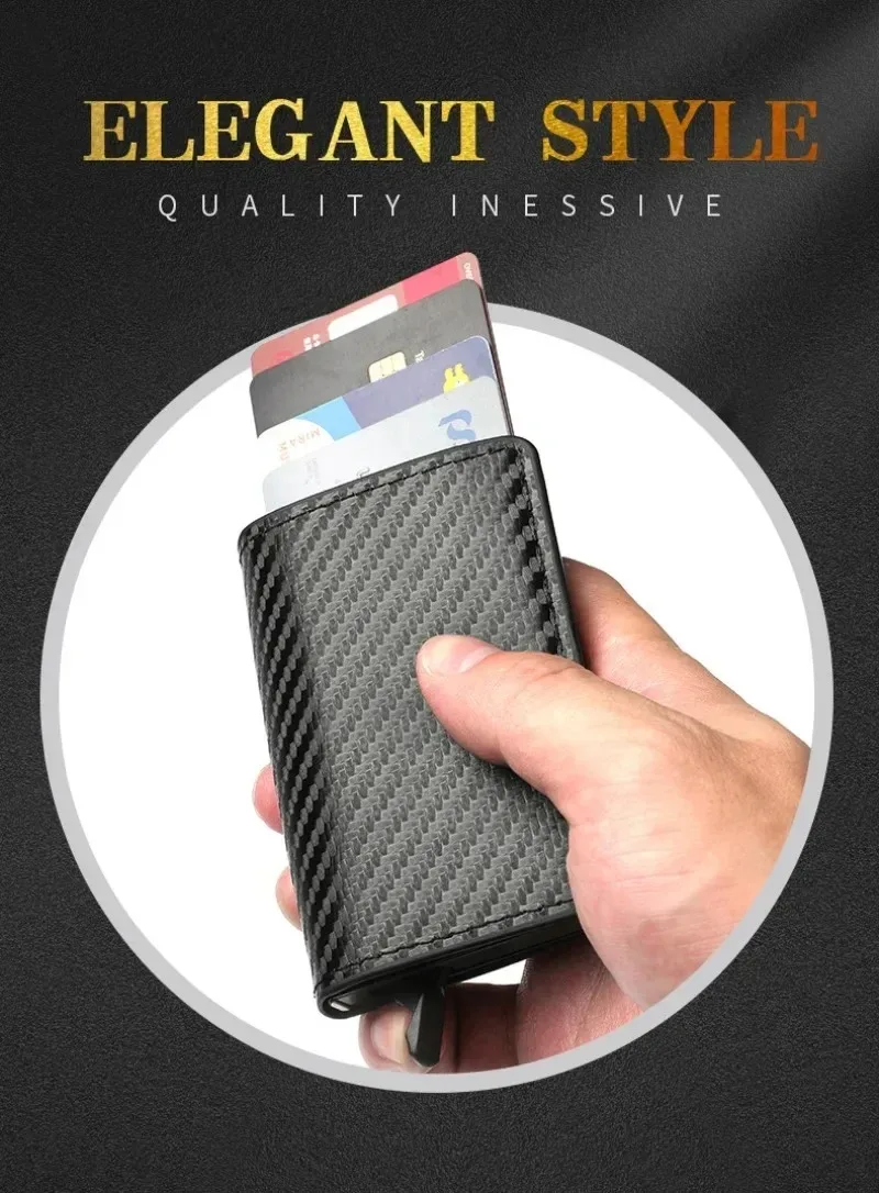 

2024 Carbon Fiber Slim Aluminum Men Wallet ID Credit Card Holder Mini RFID Wallet Automatic Pop Up Card Case Black