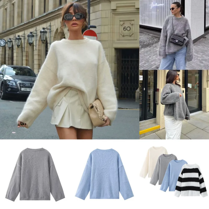 3D All Match Knitted Midi Sweater Women 2024 Autumn INS Four Color Brushed O-neck Long Sleeves Pullover Sweater Classical Top