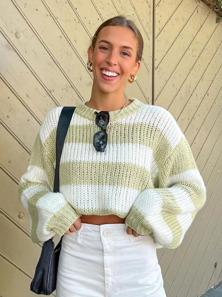 

Вязаный полосатый Повседневный свитер с круглым вырезом, Женский контрастный Свободный пуловер с длинным рукавом, осенняя женская теплая трикотажная одежда для работы и офиса