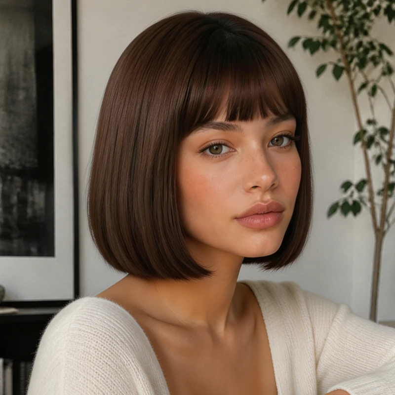 Ladies 12 Inch Synthetic Neat Bob Wig, Natural Dark Brown Fringe Straight Wig for Daily Casual Look and Photo Shooting