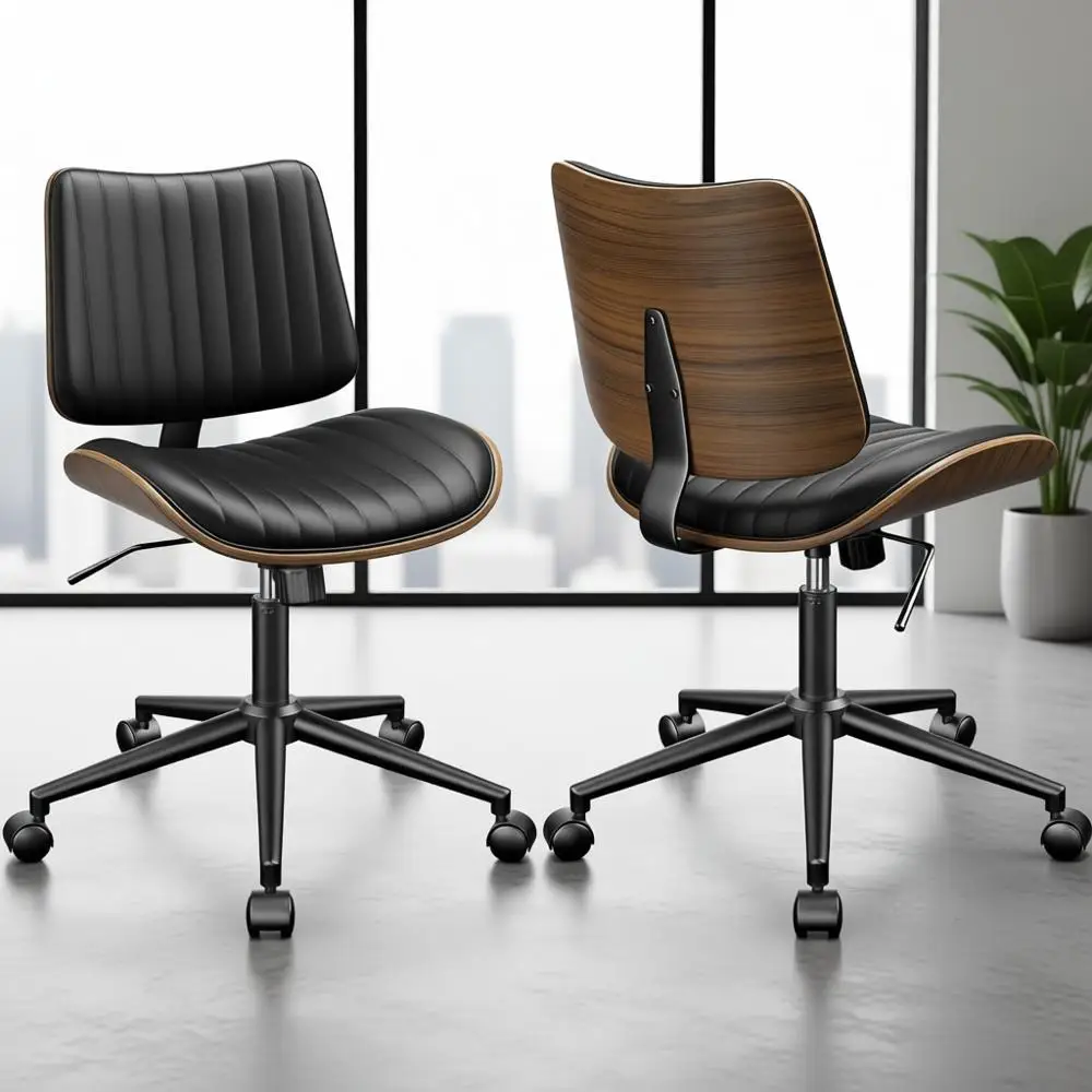 

Set of 2 Modern Black Armless Office Chairs with Adjustable Height, Swivel Wheels, Lumbar Support, and Vertical Stripe Pattern