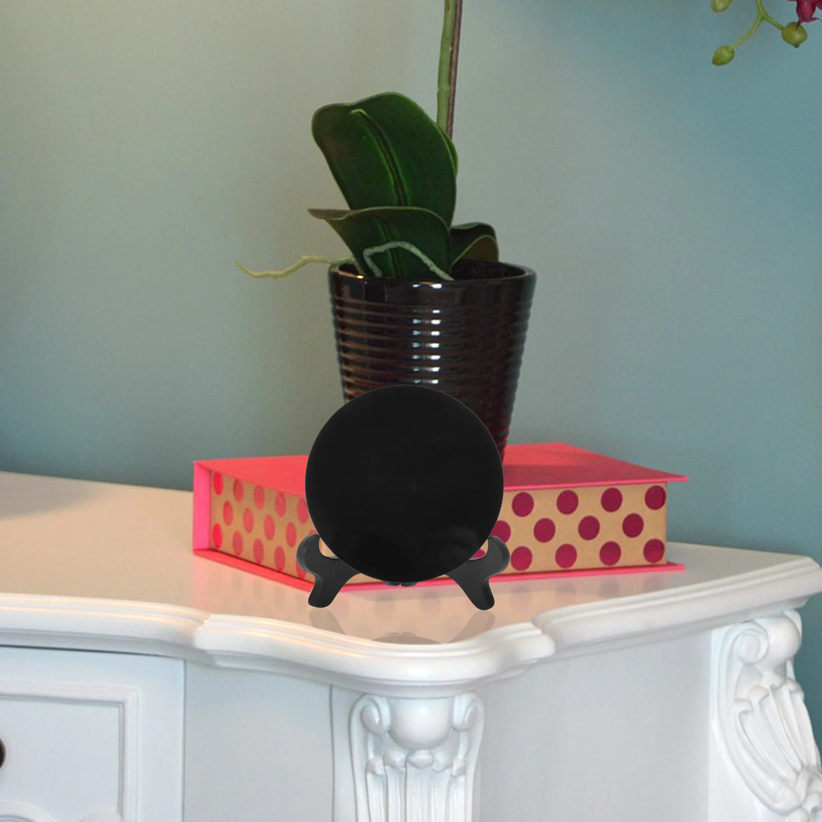 

1 Set Glass Scrying Black Round Mirror Decorative Home Accent Modern Stone Plate Table Centerpiece Fengshui Divination Glass