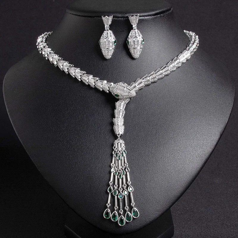 Designer Collection Style Necklace Earrings Inlay Full Cubic Zircon Drop Shape Tassels Snake Snakelike Party Jewelry Sets