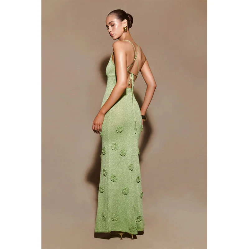 Bare Back Strap Suspenders Beach Seaside Knit Strap Dress Crochet Flash Wire Elegant Long Dress Three Dimensional Flowers